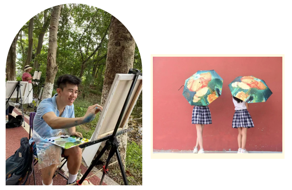 左，开心画画的森友；右，森友的作品被生产成文创产品，印到了伞上，收入帮助到了广西贫困地区的人。
