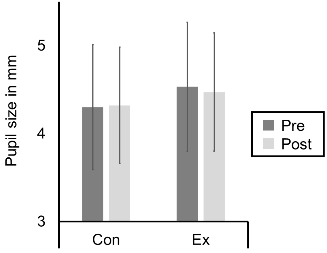 Pre- and posttest pupil size during the pre-stimulus period of the Mooney face recognition task in the exercise (Ex) and control condition (Con).