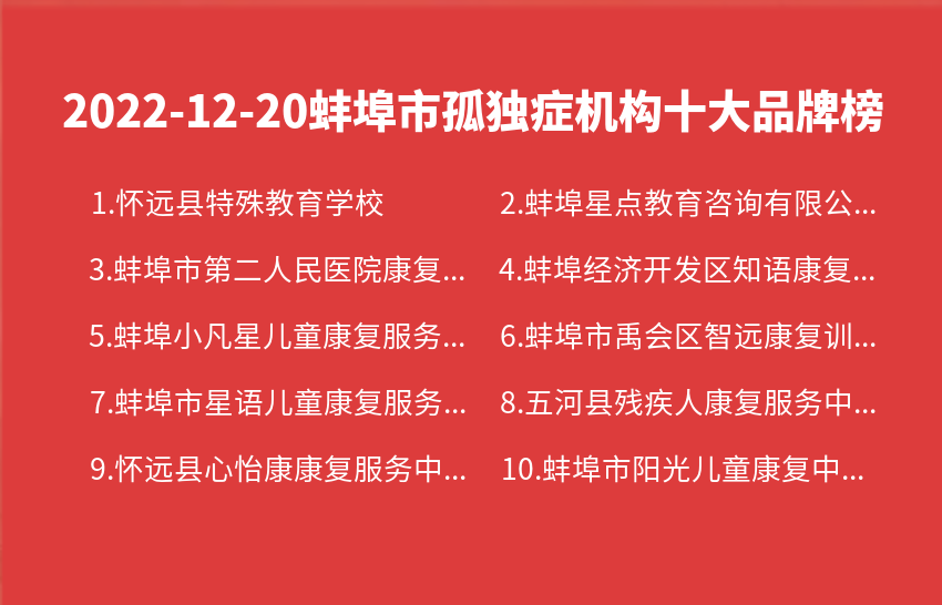2022年12月20日蚌埠市孤独症机构十大品牌热度排行数据