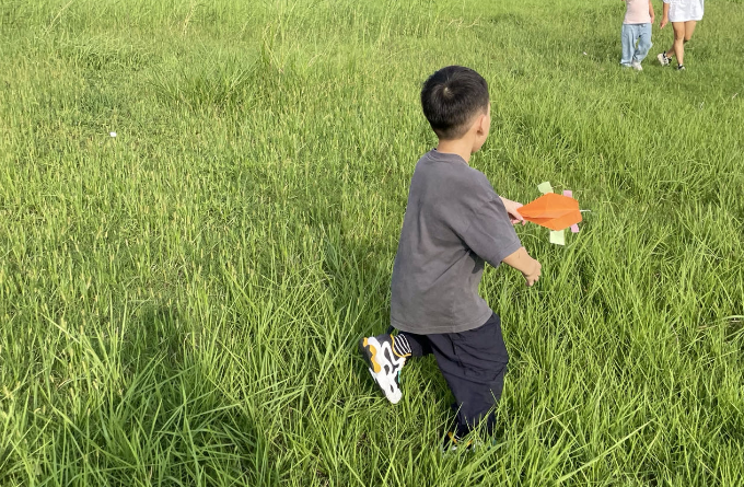 诺诺在草地里玩纸飞机
